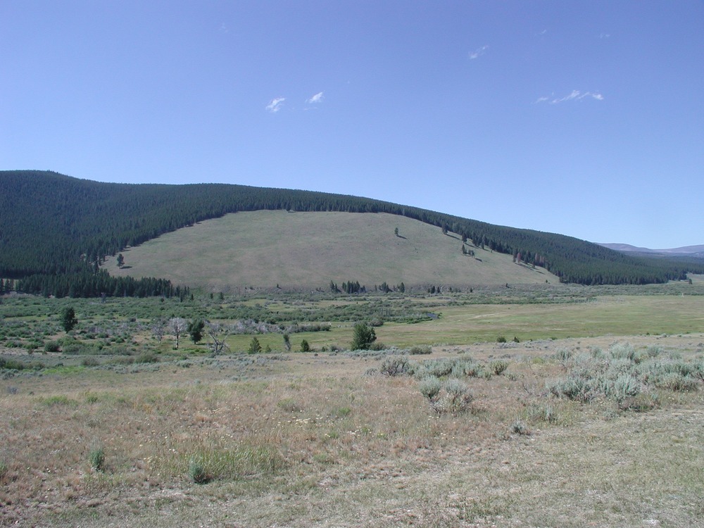 A plain leading to a hill with trees in a wide-open western landscape.