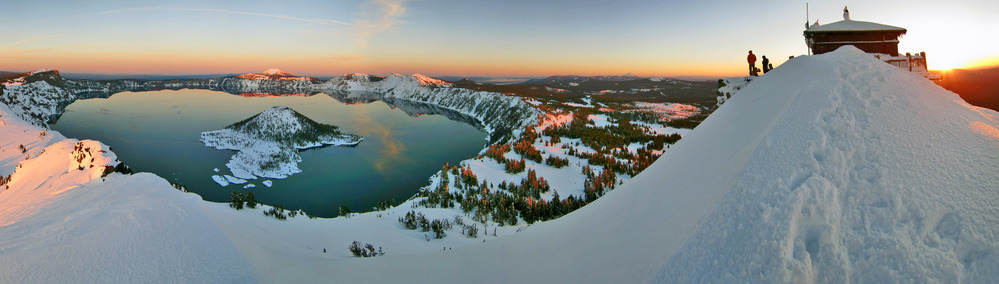 A winter view of Crater Lake and the Watchman Peak fire lookout.