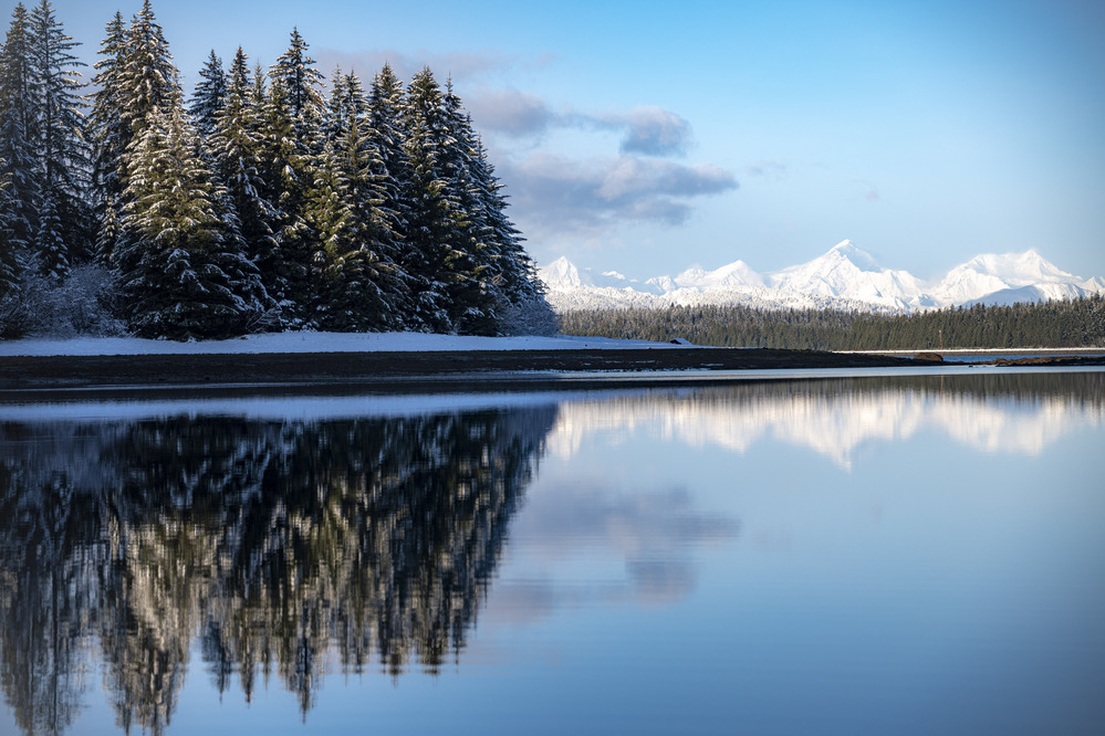 Snow covered trees reflect in the calm waters of the Bartlett Cove Inner Lagoon, with distant snowcapped peaks on the horizon.