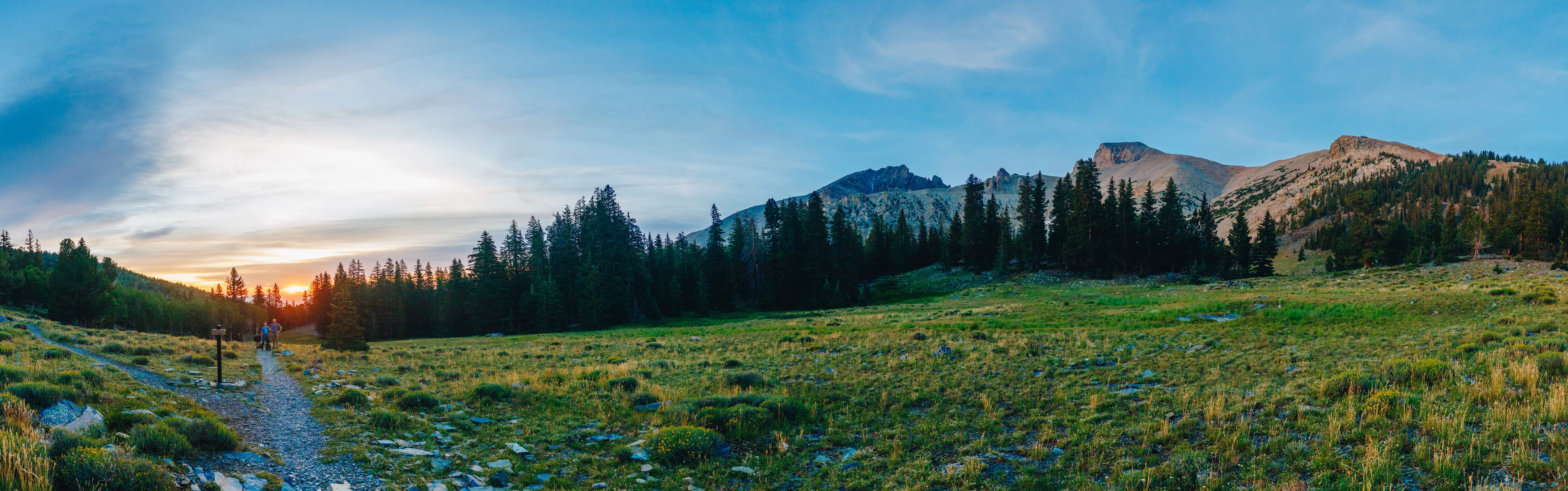 A wide panorama of a high alpine meadow at Great Basin National Park at sunset, with Wheeler Peak rising on the right. A gravel trail with a wooden trail sign leads from the left foreground, where two hikers stand silhouetted against the setting sun. Dark conifer forest borders the grassy meadow, while the rugged, partly bare summit ridge catches warm evening light under a streaked blue sky.