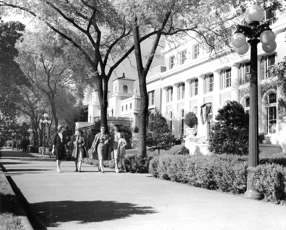 Historic view of Bathhouse Row and its sidewalk.