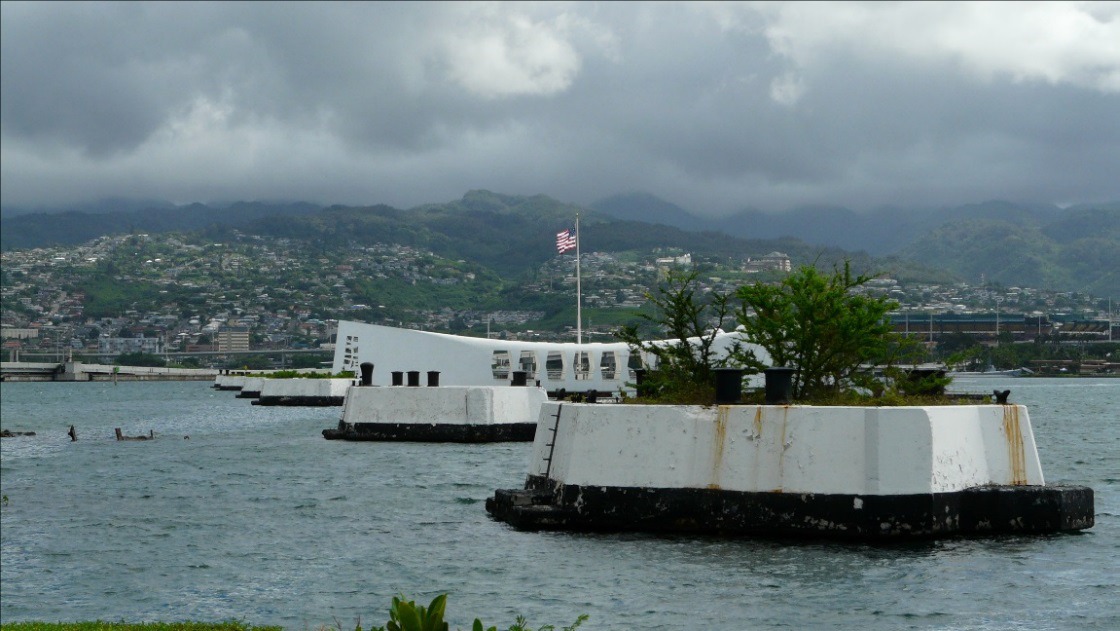 Mooring quays and the USS Arizona Memorial at Pearl Harbor.