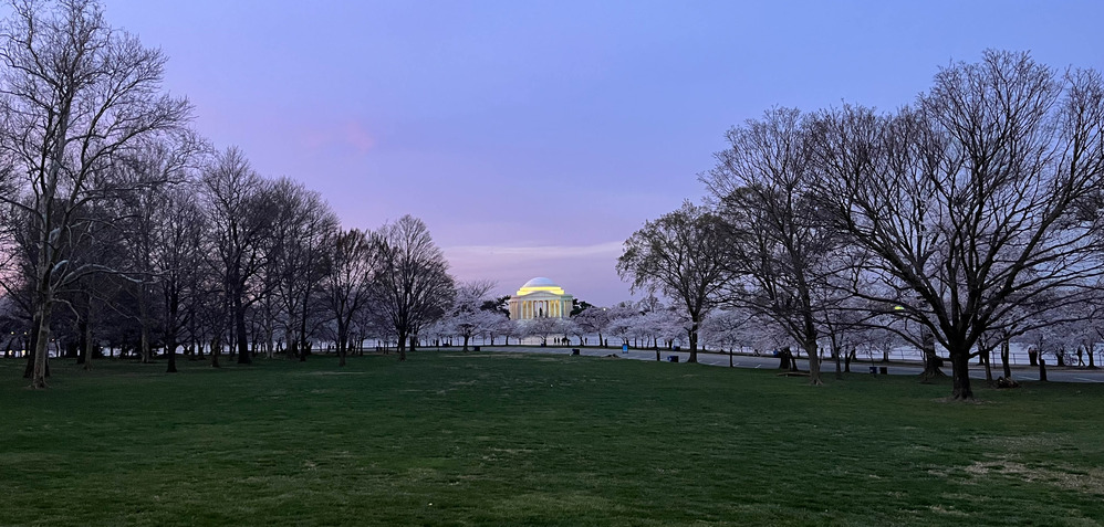 Large memorial with a prominent dome roof and columns on the other side of a long field and tidal basin at night