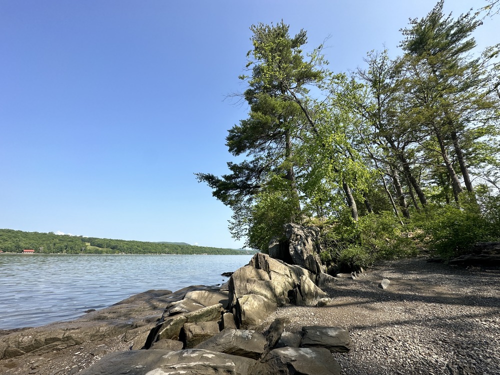 A river lined with a stoney bank and large trees. 