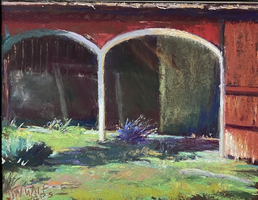 A pastel piece, with a red woodshed with a grassy lawn in the front. 